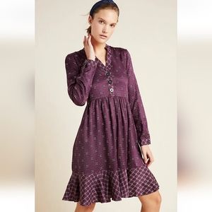 Anthropology Maeve Gillian Abstract Dress Purple Wine XL Ruffle Hem Relaxed Fit
